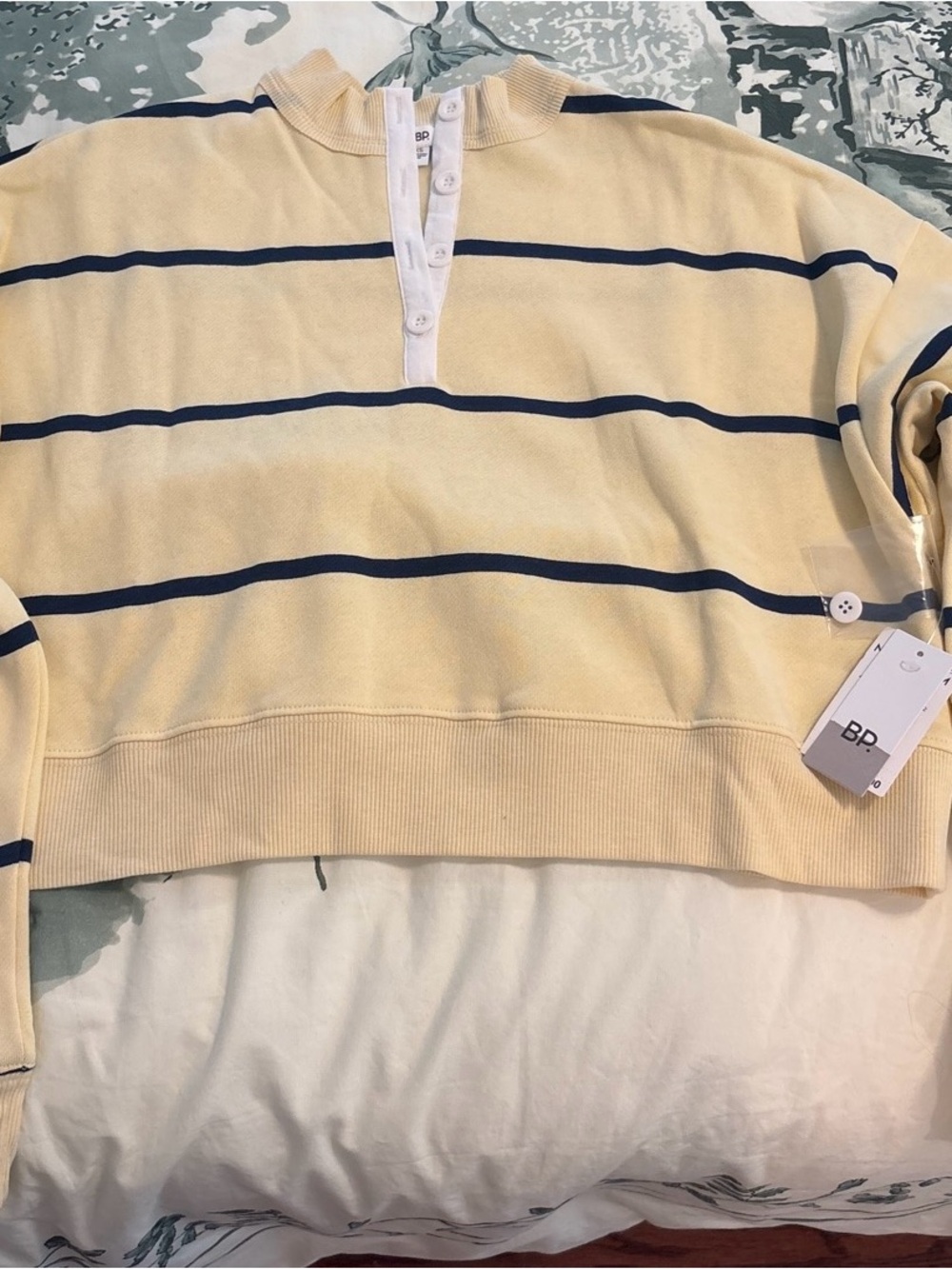 bp Yellow and Navy Striped Crewneck Henley Sweater